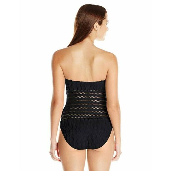 Kenneth Cole Crochet Look Bandeau Black One Piece Strapless Swimsuit NWTs Large - Picture 2 of 12
